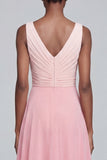 A Line V Neck Ruched Pink Maxi Formal Dress