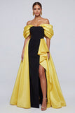 Off the Shoulder Ruffled Satin A Line Black and Yellow Formal Dress