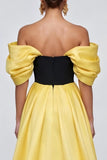 Off the Shoulder Ruffled Satin A Line Black and Yellow Formal Dress