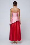 Strapless Ruched A Line Satin Pink and Red Formal Dress