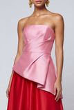 Strapless Ruched A Line Satin Pink and Red Formal Dress