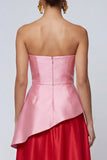 Strapless Ruched A Line Satin Pink and Red Formal Dress