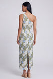 One Shoulder Floral Green Cut Out Sheath Wedding Guest Dress