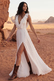 Ivory Ruffled A Line V Neck Boho Wedding Dress
