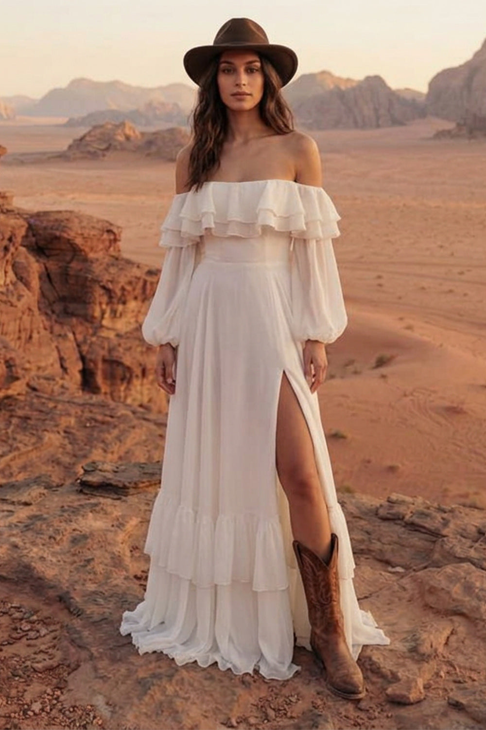 Off the Shoulder Ivory Ruffled A Line Boho Wedding Dress