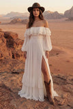 Off the Shoulder Ivory Ruffled A Line Boho Wedding Dress