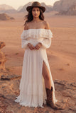 Off the Shoulder Ivory Ruffled A Line Boho Wedding Dress