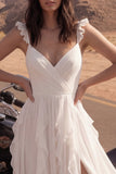Ivory A Line Ruffled Boho Wedding Dress with Slit