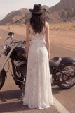 Ivory Halter A Line Maxi Boho Wedding Dress with Lace