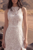 Ivory Halter A Line Maxi Boho Wedding Dress with Lace