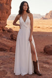 Halter Ivory A Line Ruffled Maxi Boho Wedding Dress
