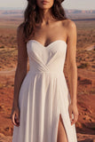 Strapless A Line Ruched Ivory Boho Wedding Dress with Slit