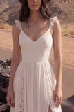 A Line Lace Ivory Ruffled Boho Wedding Dress with Slit