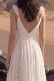 A Line Lace Ivory Ruffled Boho Wedding Dress with Slit