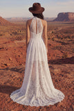 High Neck High Low A Line Lace Ivory Boho Wedding Dress