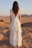 Tiered Ruffled V Neck Ivory Maxi Boho Wedding Dress