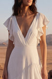 Tiered Ruffled V Neck Ivory Maxi Boho Wedding Dress