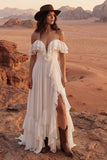 Off the Shoulder Ruffled Ivory A Line Boho Wedding Dress
