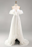 Off the Shoulder Ruffled Ivory A Line Boho Wedding Dress
