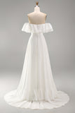 Off the Shoulder Ruffled Ivory A Line Boho Wedding Dress