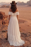 Off the Shoulder Ruffled Ivory A Line Boho Wedding Dress