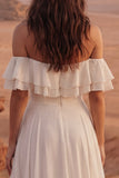 Off the Shoulder Ruffled Ivory A Line Boho Wedding Dress