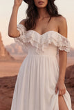 Ivory Off the SHoulder A Line Lace Boho Wedding Dress with Ruffles