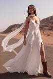Ivory A Line Ruffled V Neck Boho Wedding Dress
