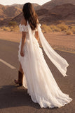 Ivory Off the Shoulder Lace Ruffled A Line Boho Wedding Dress