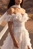 Ivory Off the Shoulder Lace Ruffled A Line Boho Wedding Dress