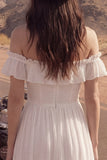 Off the Shoulder High Low Ivory Ruffled Boho Wedding Dress