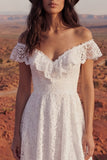 Ivory High Low Off the Shoulder A Line Boho Wedding Dress