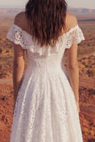 Ivory High Low Off the Shoulder A Line Boho Wedding Dress