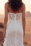 Ivory Strapless Corset Lace Sheath Boho Wedding Dress