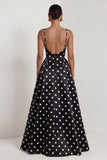 Black White Polka Dot Ruched A Line Maxi Formal Dress