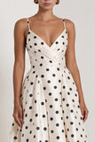 Black White Polka Dot Ruched A Line Maxi Formal Dress