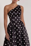 One Shoulder White Black Polka Dot A Line Formal Dress