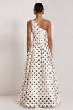 One Shoulder White Black Polka Dot A Line Formal Dress