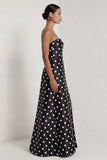 Strapless Black White A Line Polka Dot Maxi Formal Dress