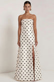 Strapless Black White A Line Polka Dot Maxi Formal Dress