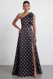 Green White One Shoulder A Line Polka Dot Formal Dress