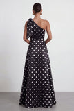 Green White One Shoulder A Line Polka Dot Formal Dress