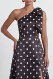 Green White One Shoulder A Line Polka Dot Formal Dress