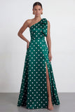 Green White One Shoulder A Line Polka Dot Formal Dress