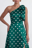 Green White One Shoulder A Line Polka Dot Formal Dress