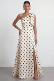 Green White One Shoulder A Line Polka Dot Formal Dress