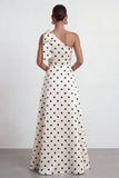 Green White One Shoulder A Line Polka Dot Formal Dress