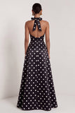 Halter White Black Polka Dot A Line Formal Dress