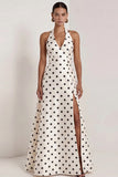 Halter White Black Polka Dot A Line Formal Dress