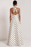 Halter White Black Polka Dot A Line Formal Dress